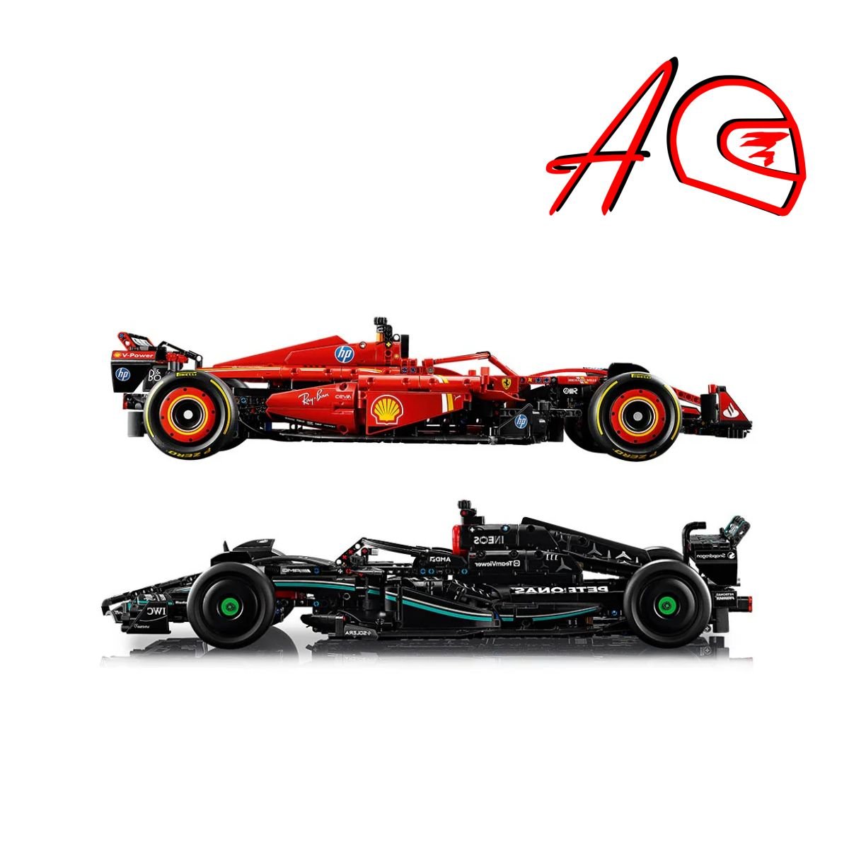 Dos autos 1:18 de Fórmula 1 AMG Mercedes W14 Technic y Ferrari SF24 Technic | Kit de construcción de bloques