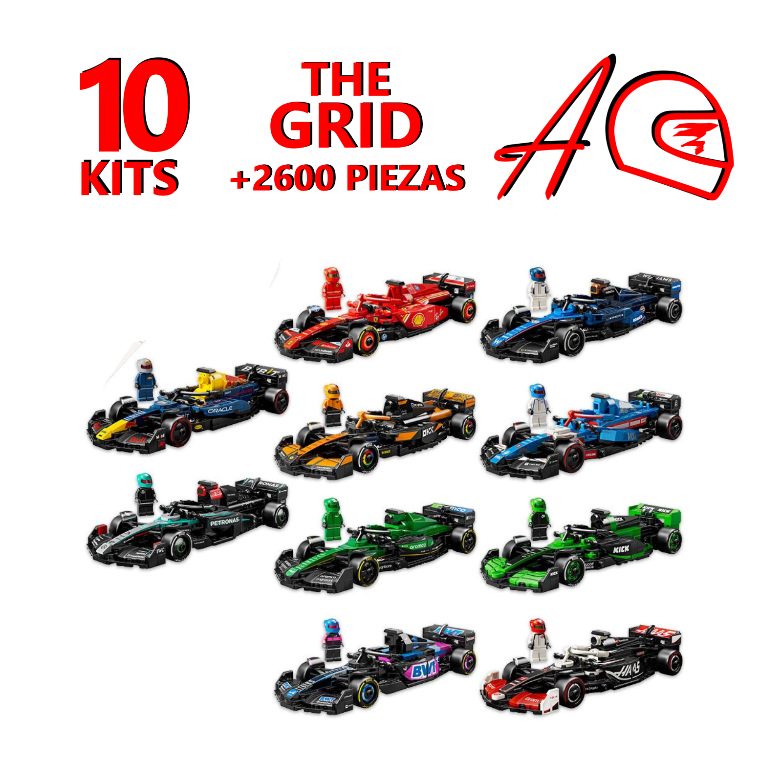 Set de 10 autos de Fórmula 1 lego a escala 1:25 | Kit de construcción de bloques +2600 piezas redbull ferrari mercedes benz mclaren williams alpine kick stake sauber haas