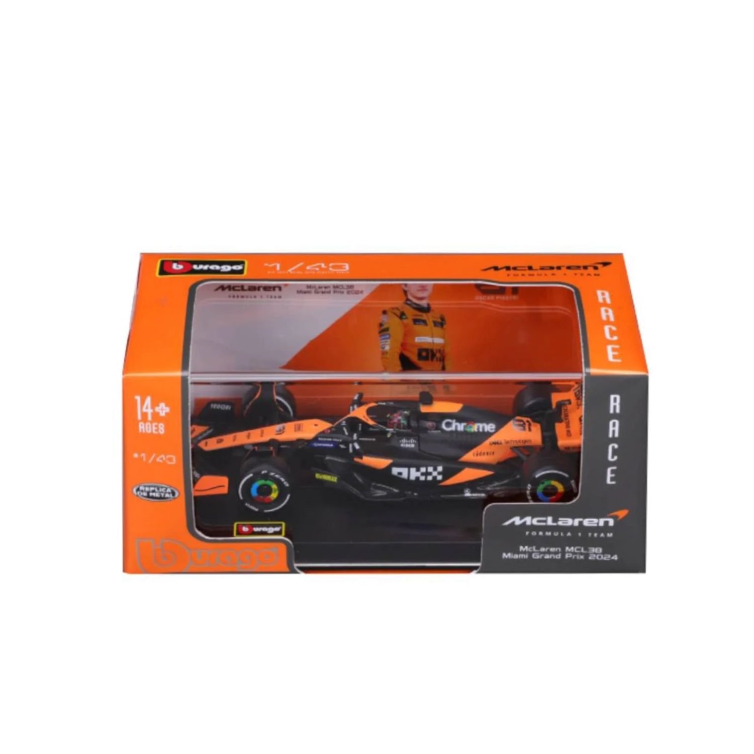 Bburago Auto F1 McLaren MCL38 de Miami Grand Prix - N81 Oscar Piastri escala 1:43 | Diecast metálico en caja acrílica