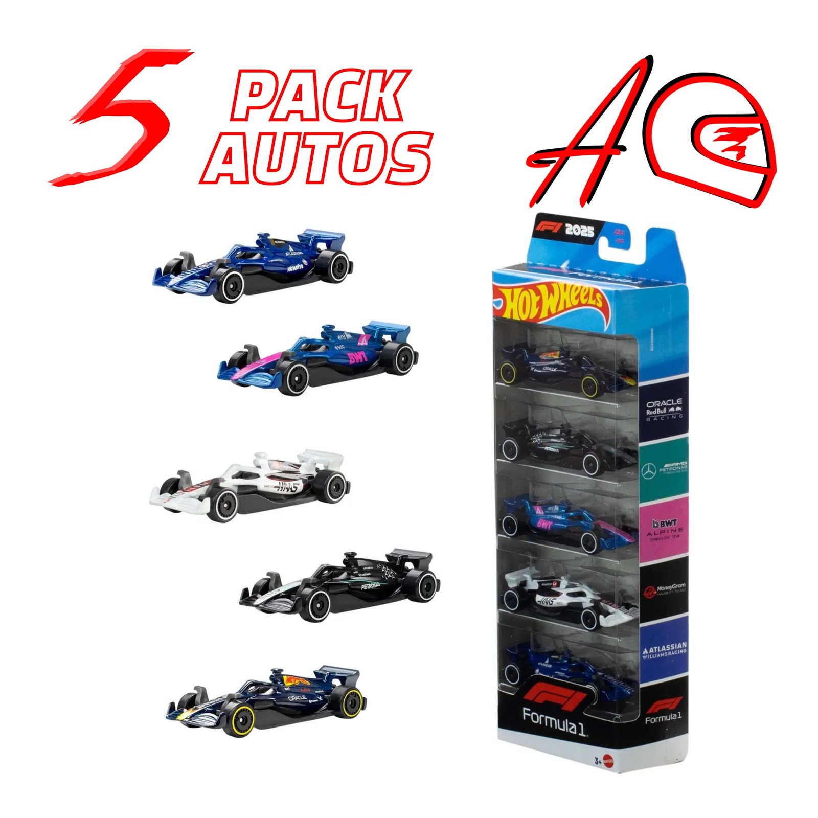 Pack de 5 Autos de Formula a escala 1:64 - Hotwheels Temporada 2025