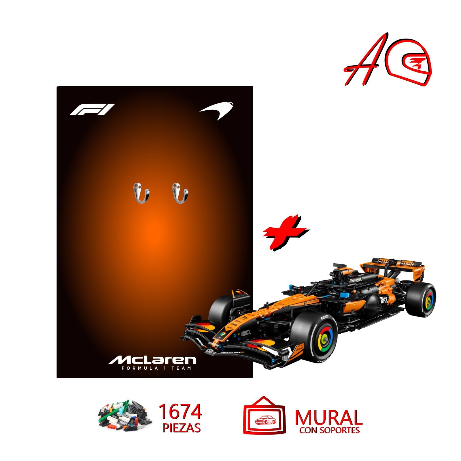 Auto 1:8 Fórmula 1 McLaren MCL39 Technic Campeón de constructores 2025 | Kit de construcción de bloques de 1674 piezas + cuadro de exposición con soportes