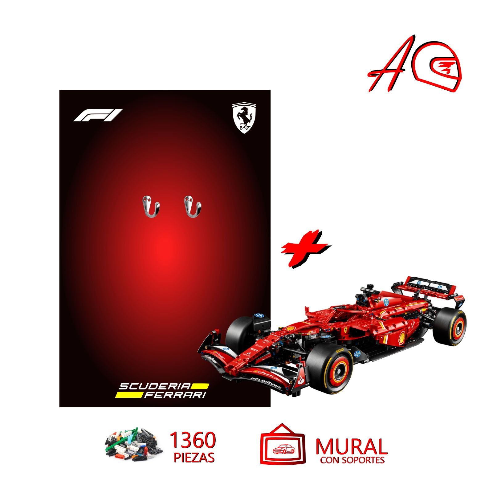 Auto 1:18 Fórmula 1 Ferrari SF24 Technic | Kit de construcción de bloques de 1360 piezas + cuadro de exposición con soportes